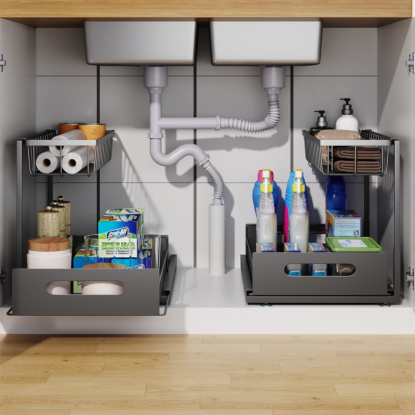 Under Sink Sliding Cabinet Basket Organiser Pull Out Drawer For Bathroom Kitchen Storage 1