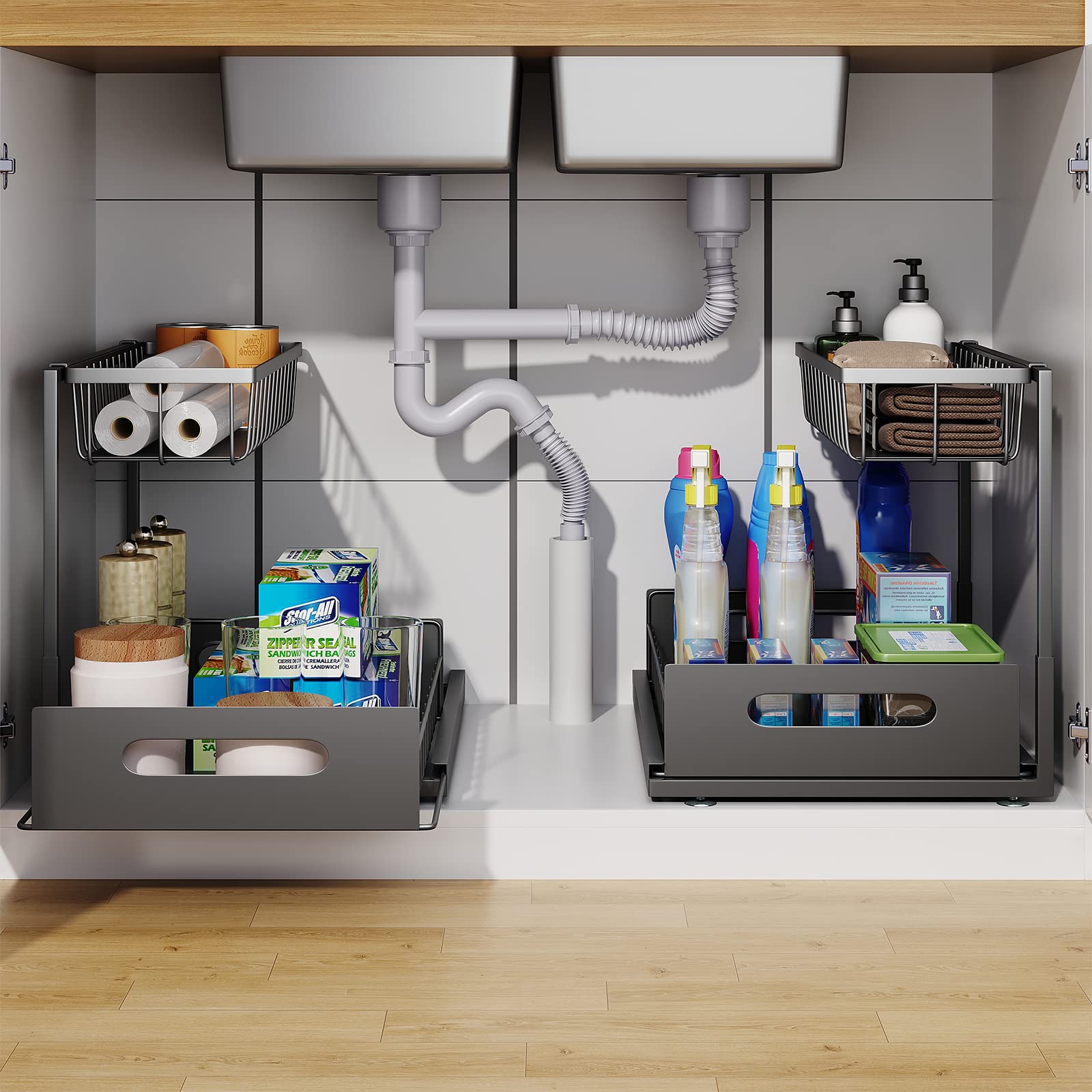 Under Sink Sliding Cabinet Basket Organiser Pull Out Drawer For Bathroom Kitchen Storage 1