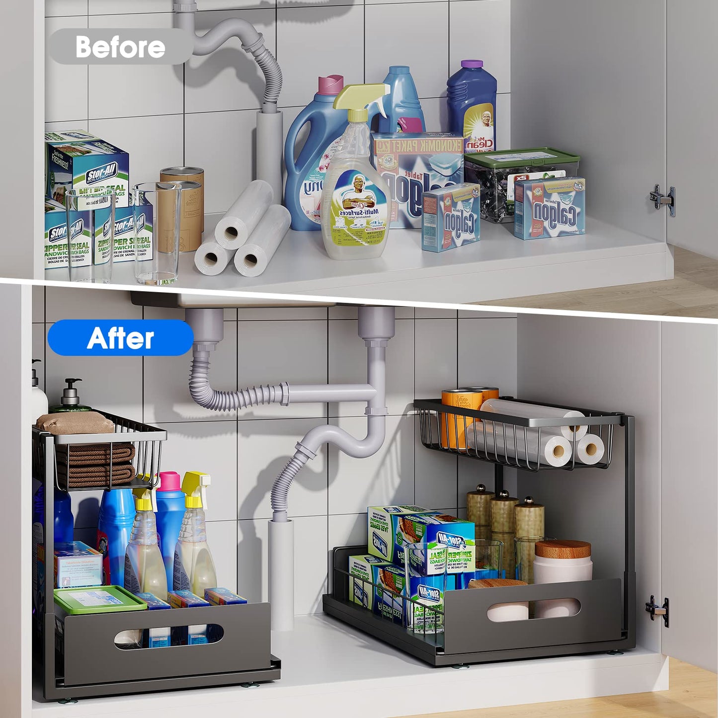Under Sink Sliding Cabinet Basket Organiser Pull Out Drawer For Bathroom Kitchen Storage 2