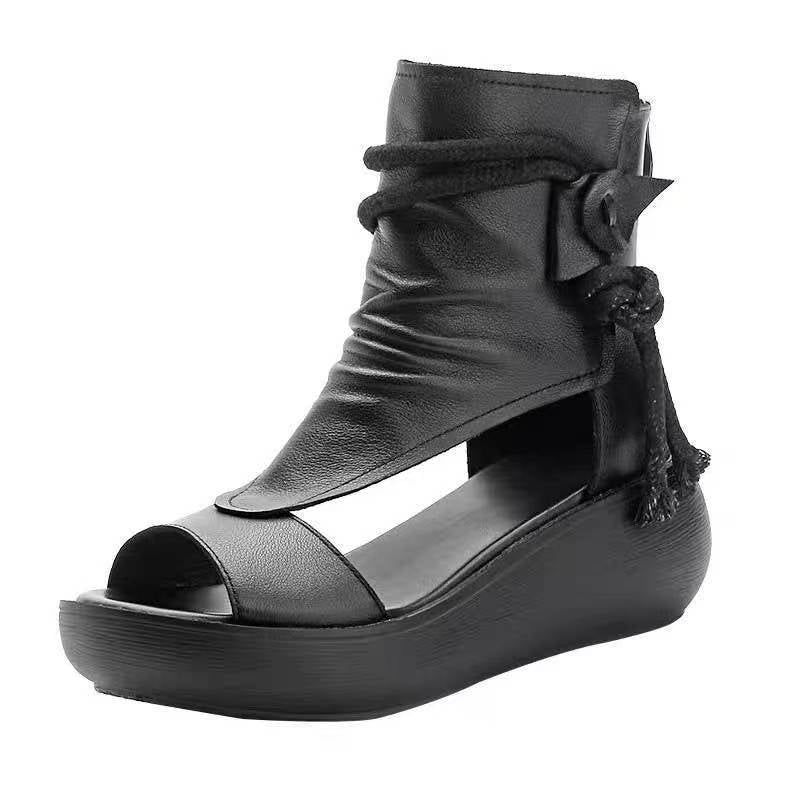 Fashion Leather Women Boots Retro Sandals Breathable Platform Shoes Mid Heels Women Wedges 7