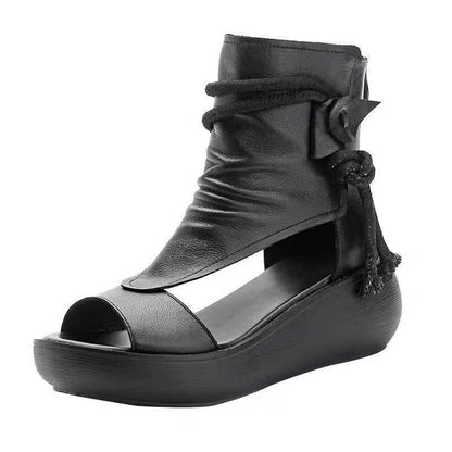 Fashion Leather Women Boots Retro Sandals Breathable Platform Shoes Mid Heels Women Wedges 7