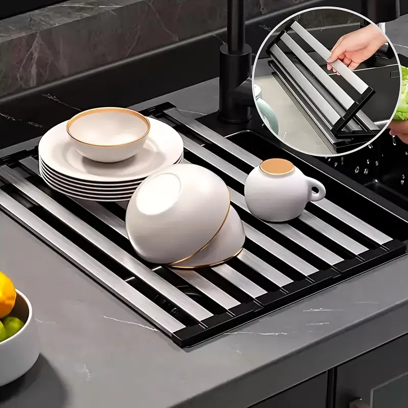 Stainless Steel Kitchen Sink Drain Rack, Foldable Telescopic Dish Rack, Sink Dish Rack for Drying and Storage