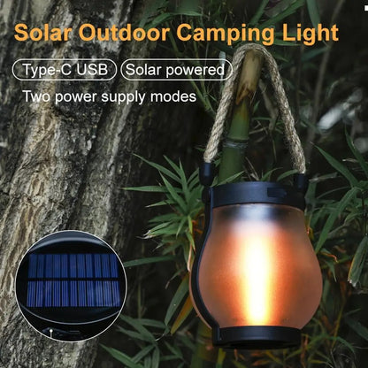 Solar Flame Lights, Waterproof USB Rechargeable Camping Light, Hanging Lantern