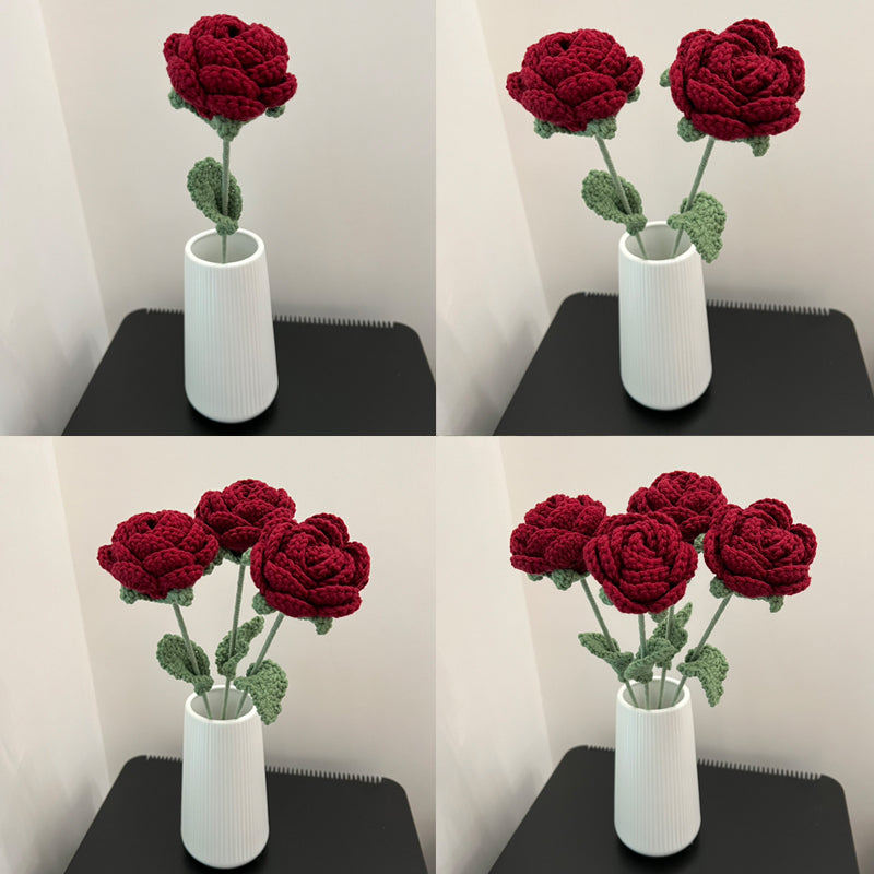Red Roses Artificial Flowers DIY HandKnitted Floral Bouquet Valentines Day Gifts Wool Crochet Fake  4