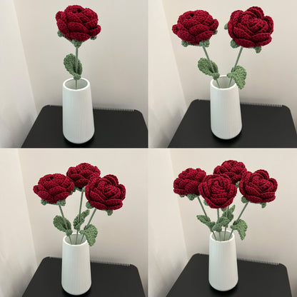 Red Roses Artificial Flowers DIY HandKnitted Floral Bouquet Valentines Day Gifts Wool Crochet Fake  4