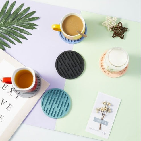 Heat-resistant Silicone Coaster, Anti-slip Round Striped Beverage Coaster, Water-draining Coasters