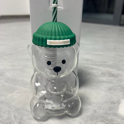 Creative Milk Coffee Water Cups, Transparent Cute Bear Mug with Straw
