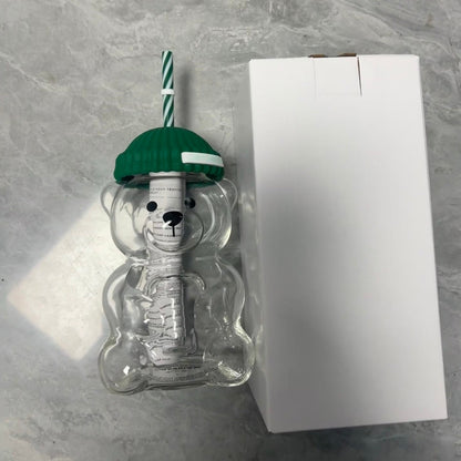 Creative Milk Coffee Water Cups, Transparent Cute Bear Mug with Straw