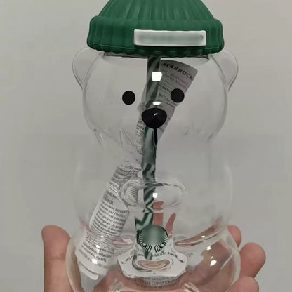 Creative Milk Coffee Water Cups, Transparent Cute Bear Mug with Straw