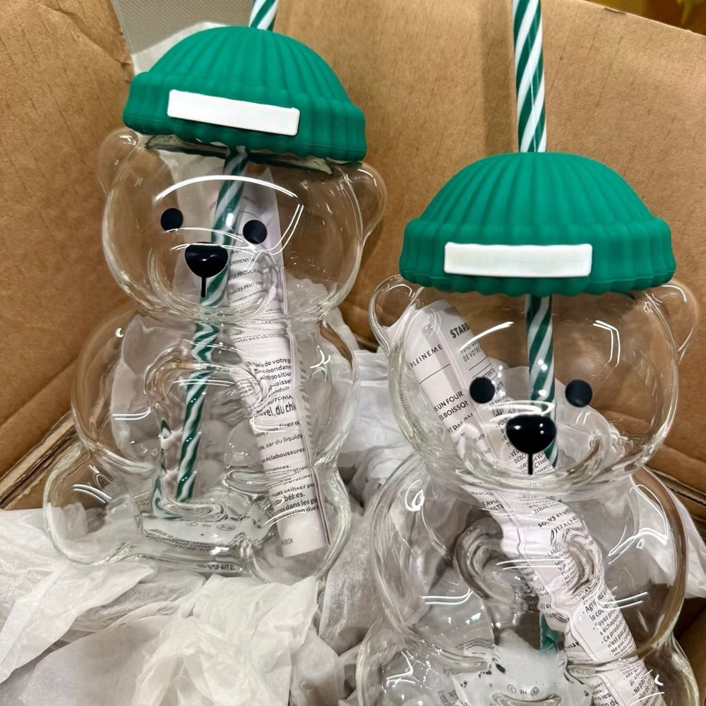 Creative Milk Coffee Water Cups, Transparent Cute Bear Mug with Straw
