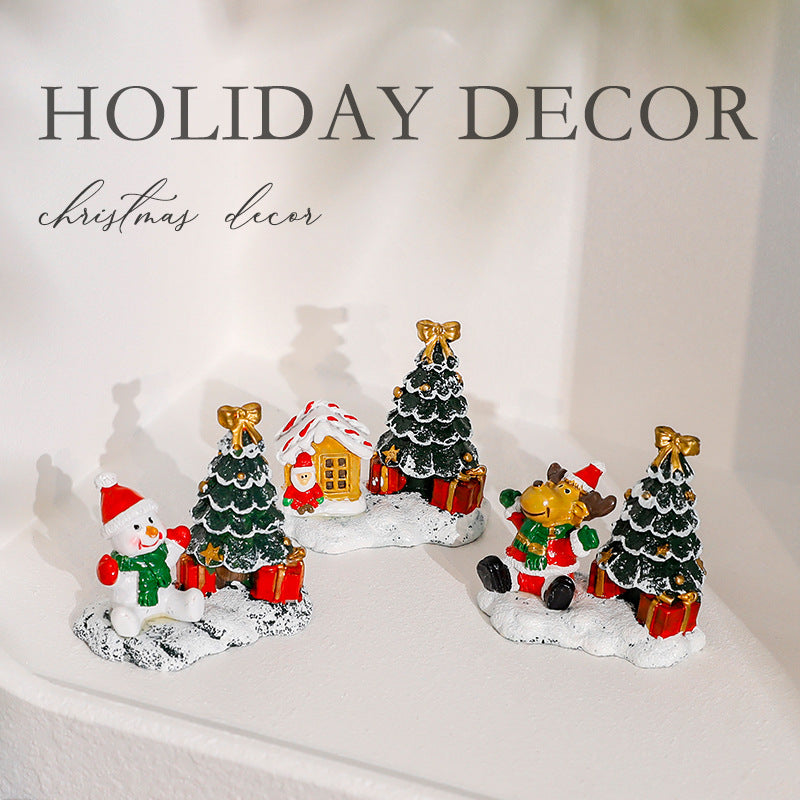 Winter Village Scene With Christmas Snowman Tree Elk Ornaments Small House Desktop Display 4
