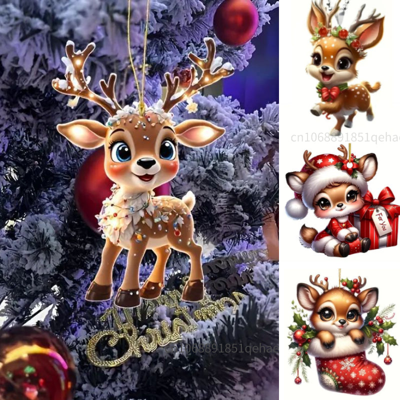 Christmas Cartoon Fawn Acrylic Tree Pendant, Cute Elk Decorations for New Year Gifts and Party Decor