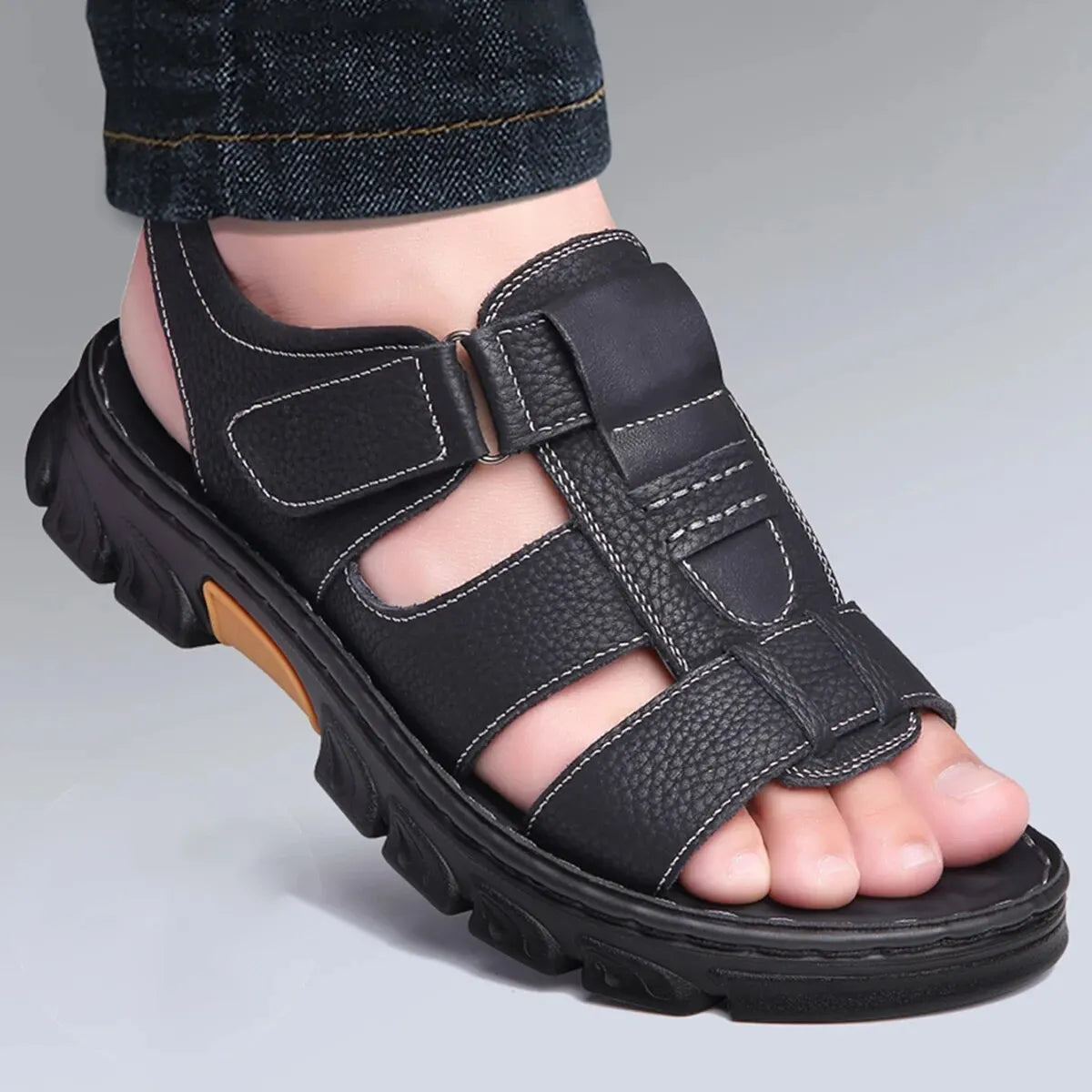 Mens Casual Summer Sandals Adjustable Solid Color Shoes With Durable Rubber Sole Breathable PU For  5
