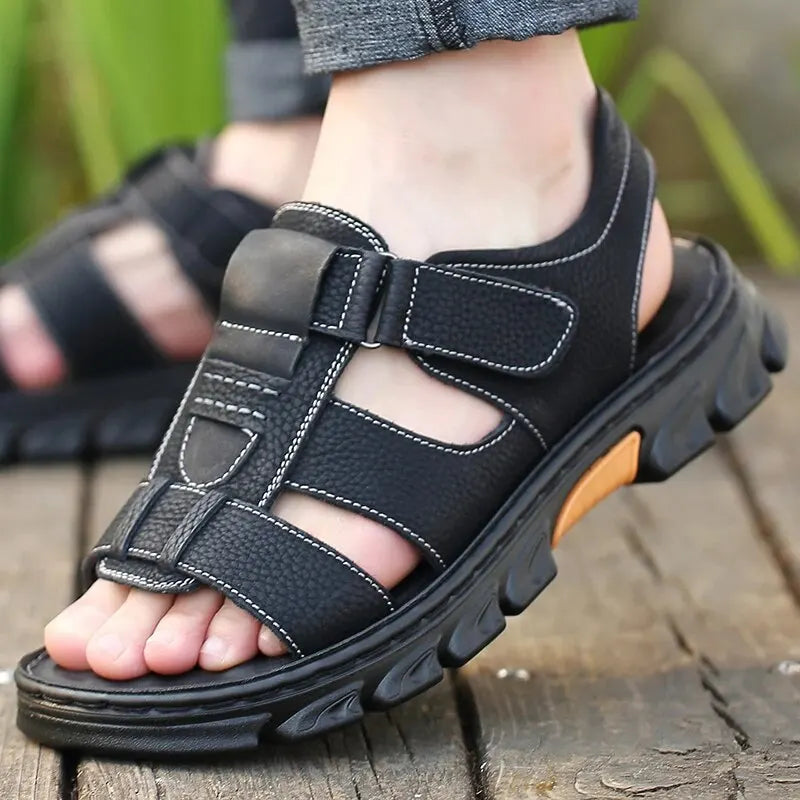 Mens Casual Summer Sandals Adjustable Solid Color Shoes With Durable Rubber Sole Breathable PU For  2