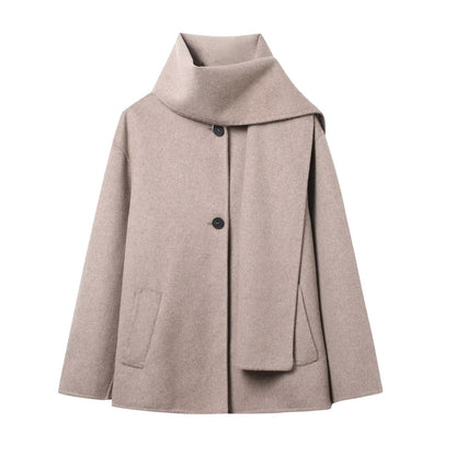 Chocolate Brown Scarf Jacket Women Loose Thick Warm Coat Autumn Winter Casual Office Lady Outwear 2