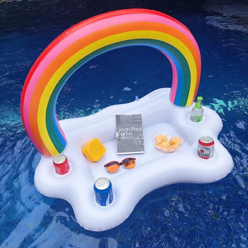 Rainbow Inflatable Toys, Beer Drinking Cooler Table Tray, Pool Party Float, Summer Beach Ring