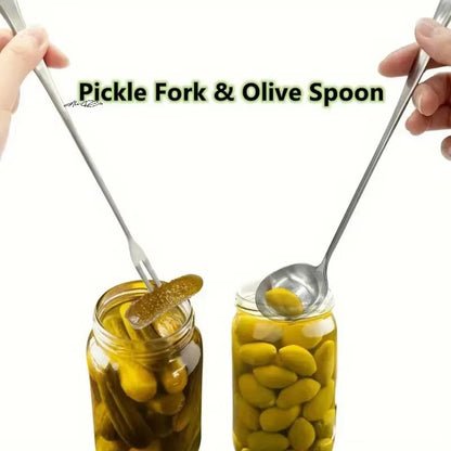 2 Pcs Stainless Steel Long Handle Pickle Fork and Spoon Set Jar Grabber for Preserves and Canning