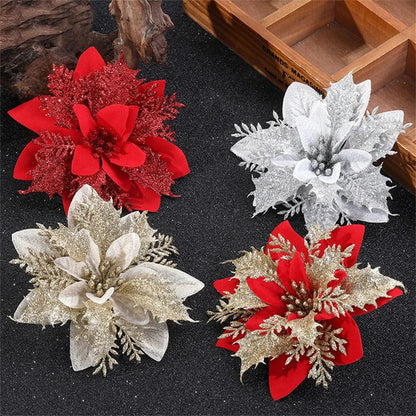 14cm Glitter Artificial Christmas Flowers with Clips – Tree Ornaments & Holiday Decorations