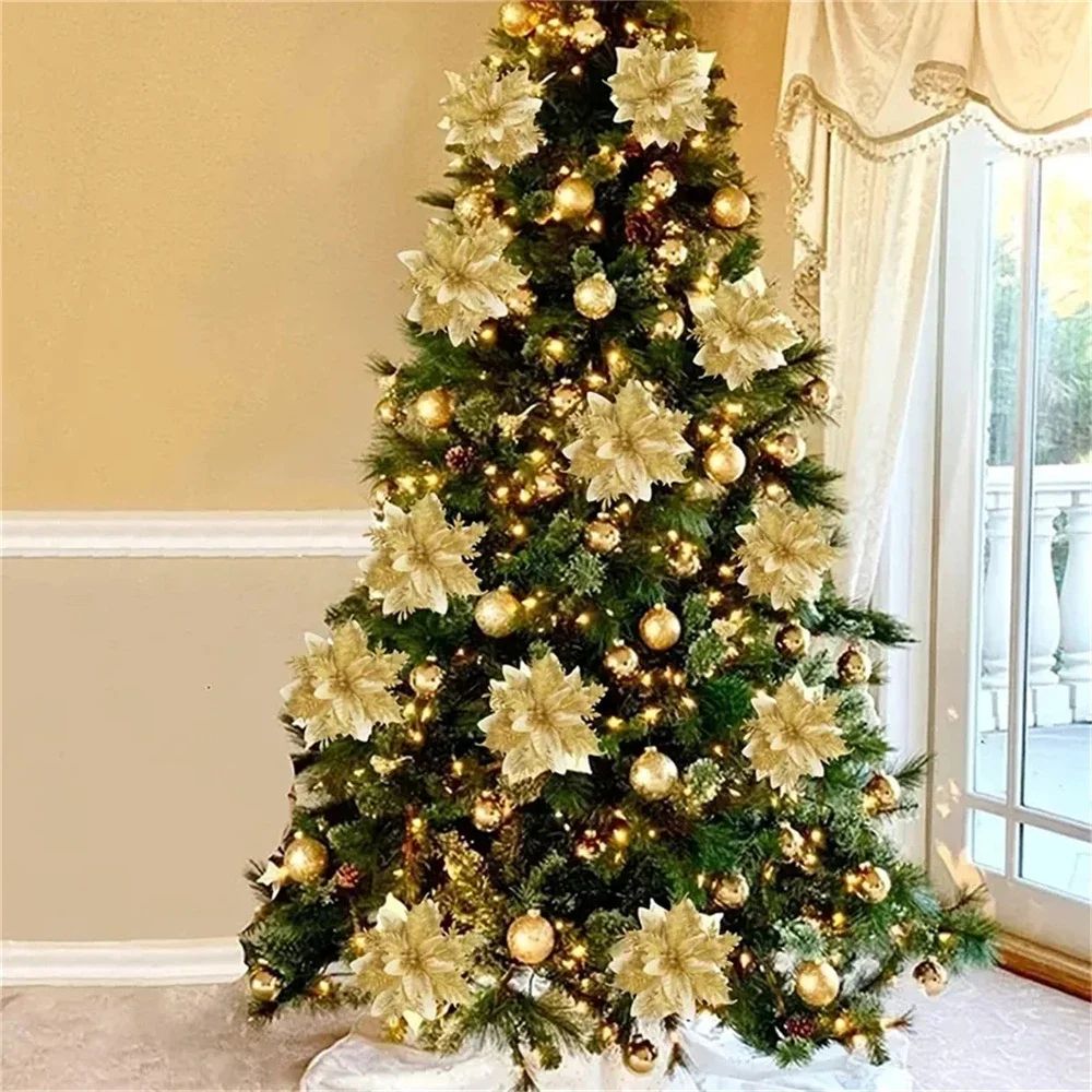14cm Glitter Artificial Christmas Flowers With Clips  Tree Ornaments  Holiday Decorations 2