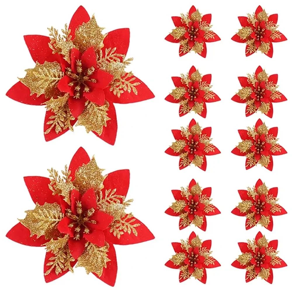 14cm Glitter Artificial Christmas Flowers With Clips  Tree Ornaments  Holiday Decorations 5