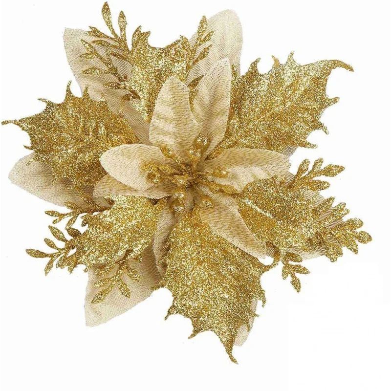 14cm Glitter Artificial Christmas Flowers With Clips  Tree Ornaments  Holiday Decorations 7