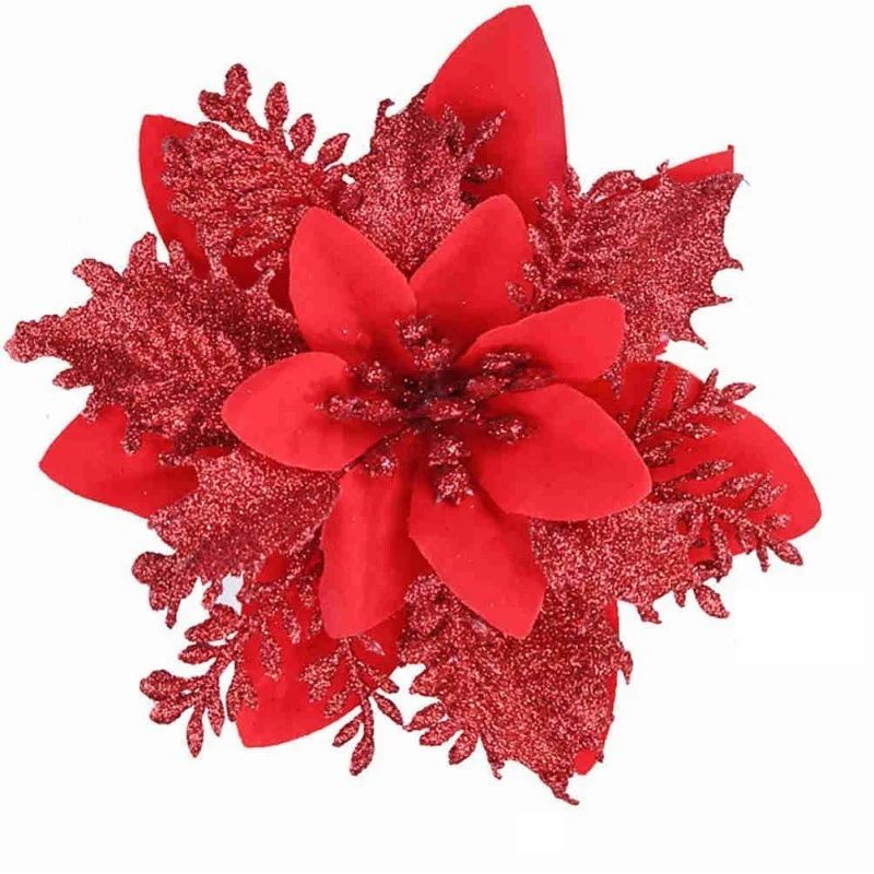 14cm Glitter Artificial Christmas Flowers With Clips  Tree Ornaments  Holiday Decorations 8