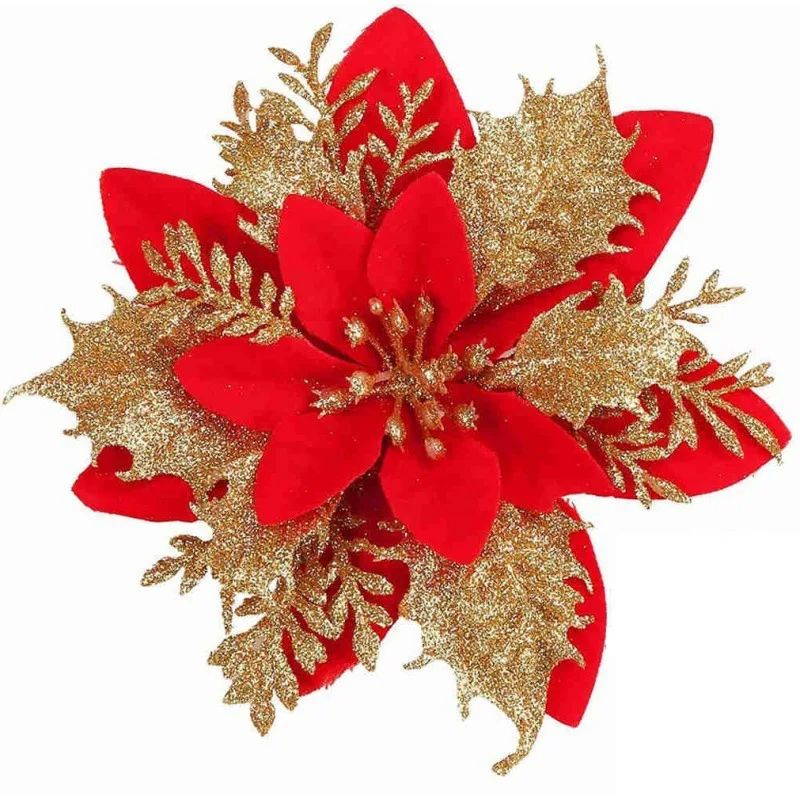 14cm Glitter Artificial Christmas Flowers With Clips  Tree Ornaments  Holiday Decorations 6