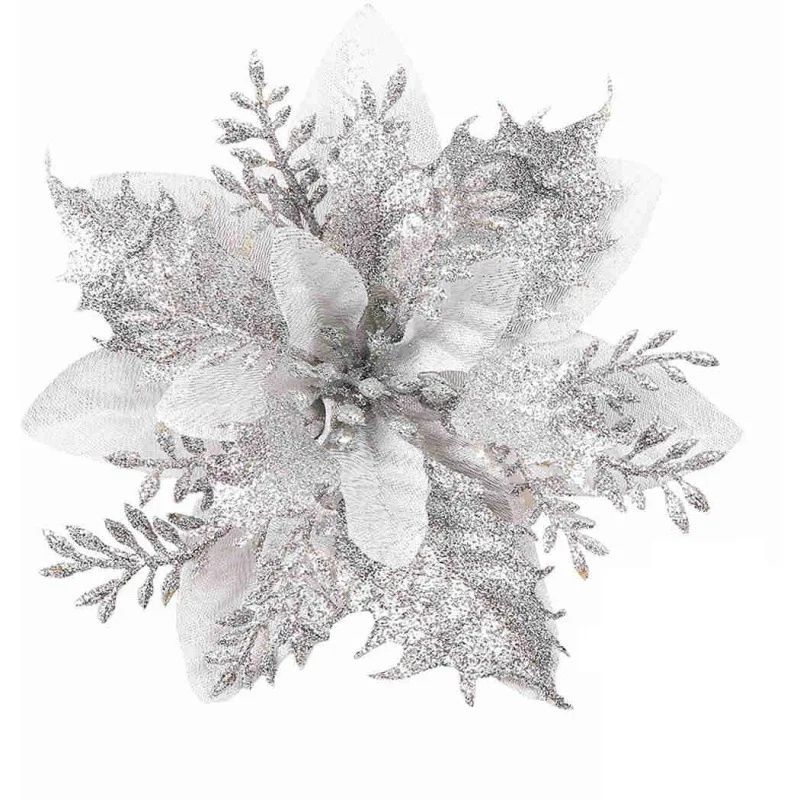 14cm Glitter Artificial Christmas Flowers With Clips  Tree Ornaments  Holiday Decorations 9