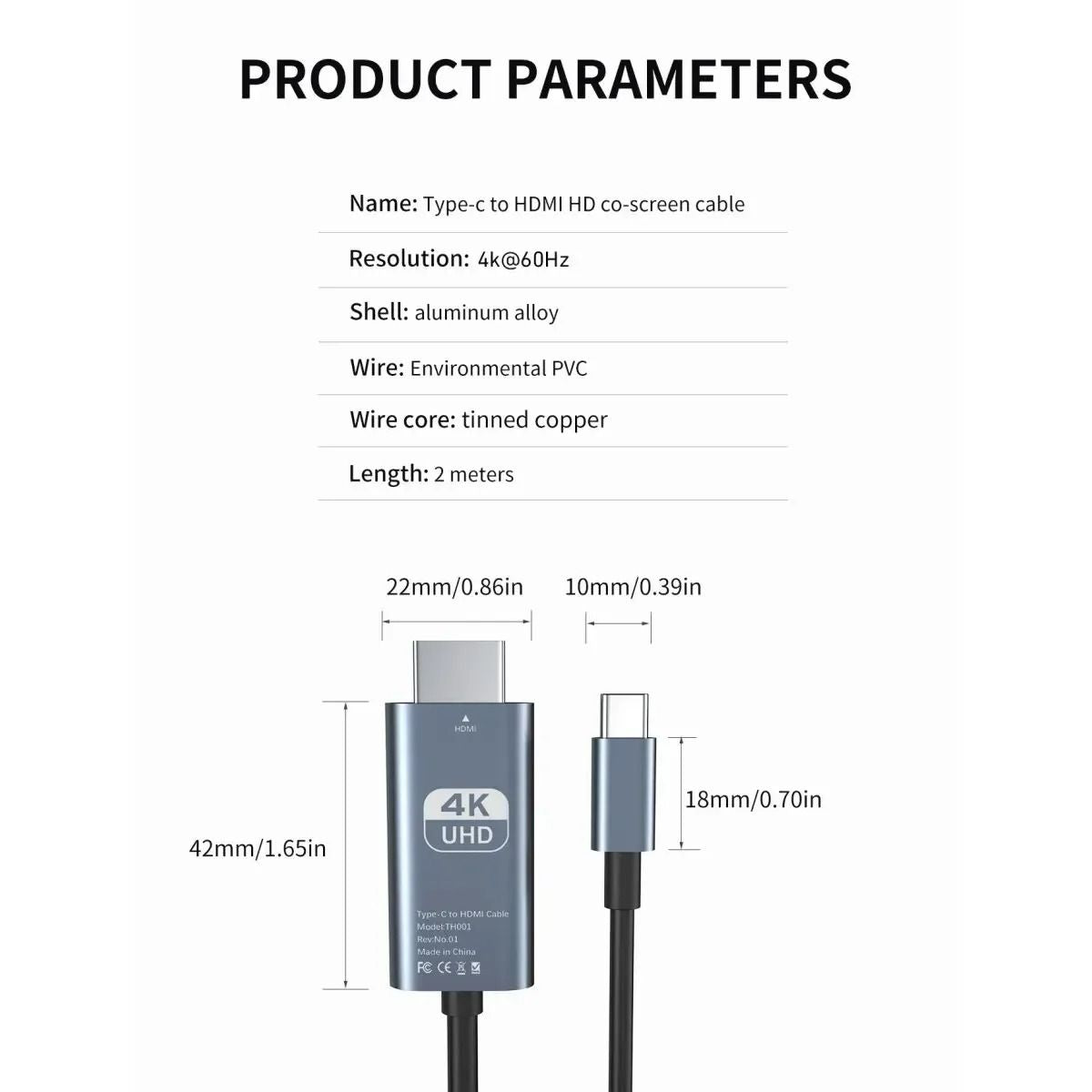 Type C To HDMI Cable 4K 60Hz Screen Projection Video Cable 2 Meter 1