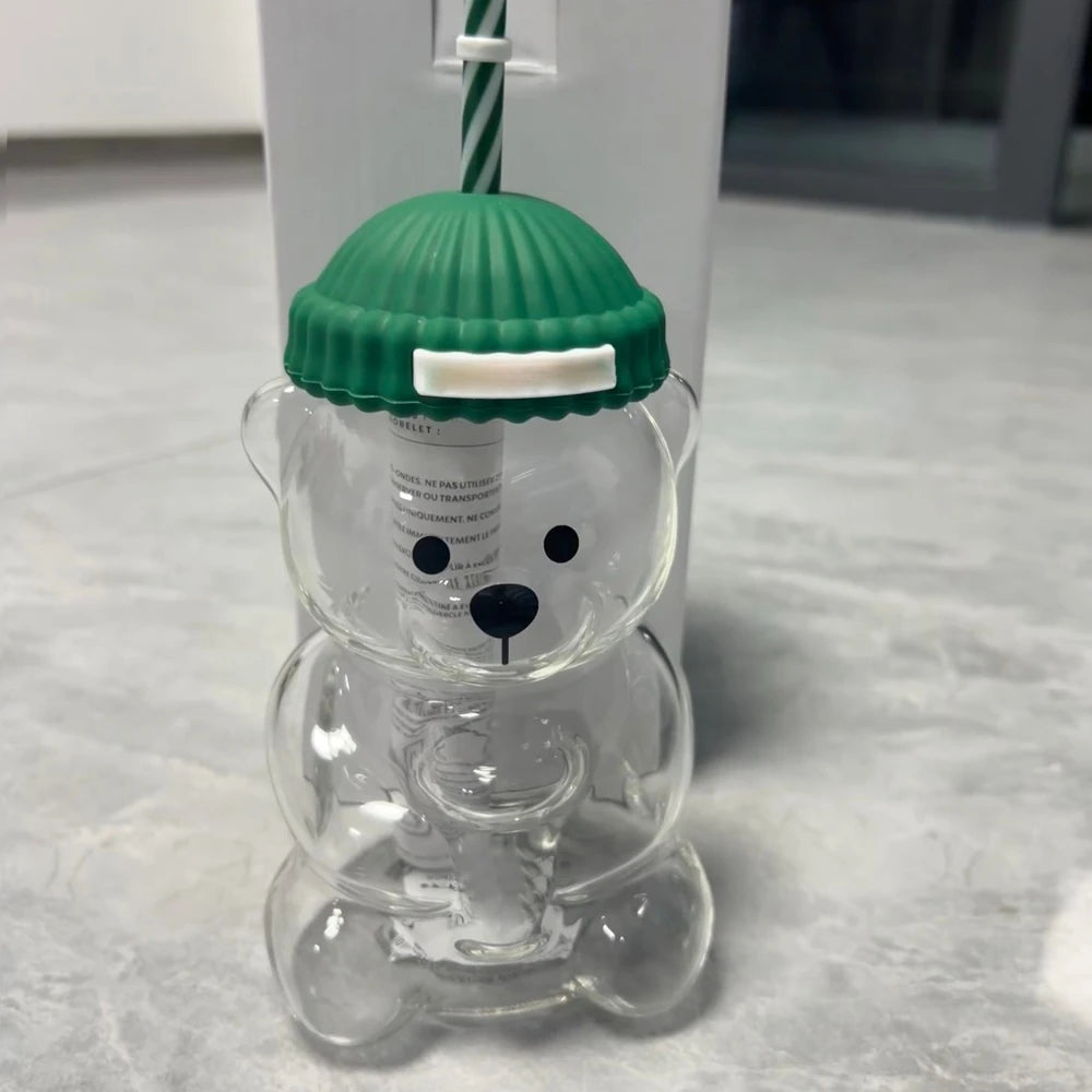 Cute Bear Mug Glass With Straw Transparent Cartoon Bear Coffee Cup Creative Milk Water Mug 2