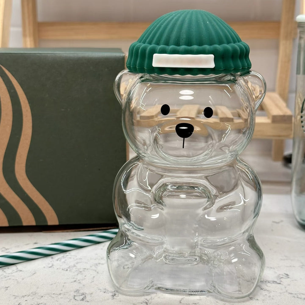 Cute Bear Mug Glass With Straw Transparent Cartoon Bear Coffee Cup Creative Milk Water Mug 3
