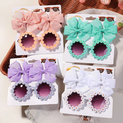 Kids Retro Flower Hairclip Set With Sunglasses Accessories 3 Piece Set