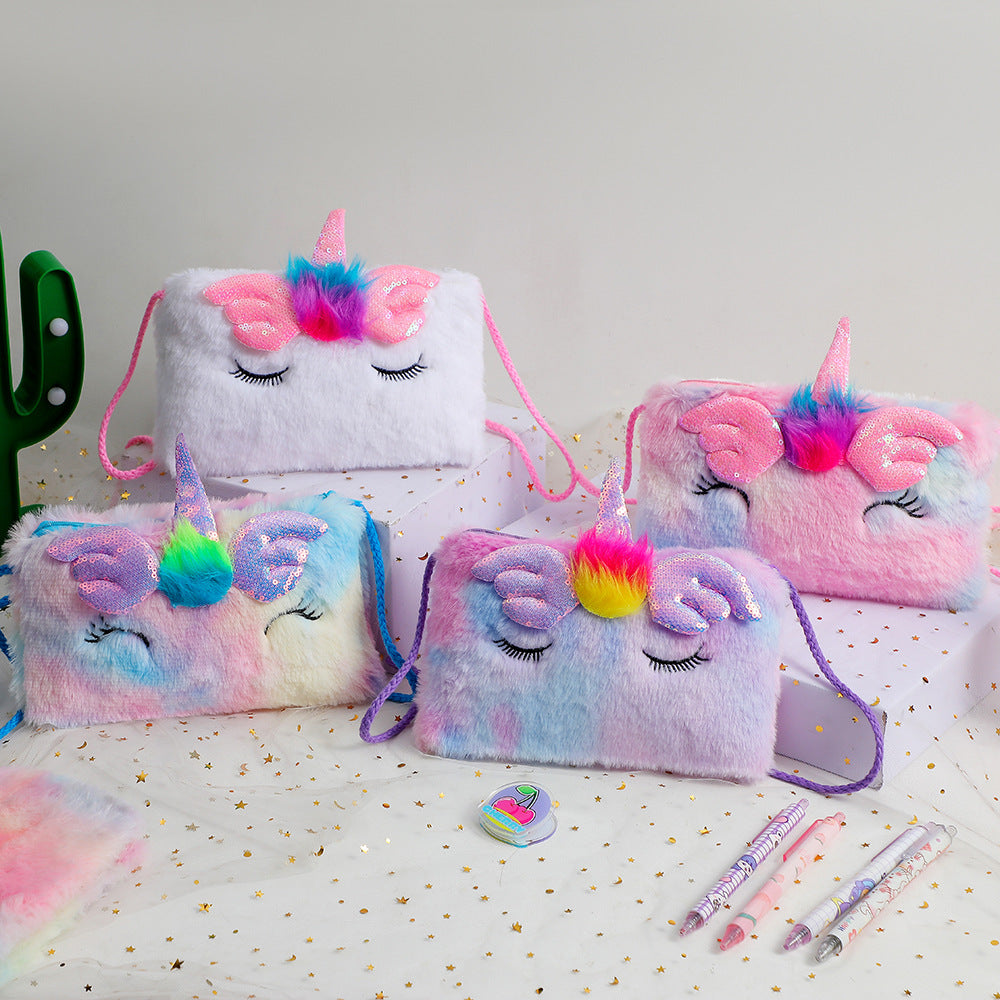 Children's Plush Crossbody Bag, Plush Unicorn Square Squint Shoulder Bag for Kindergarten Girls, Cartoon Zero Wallet