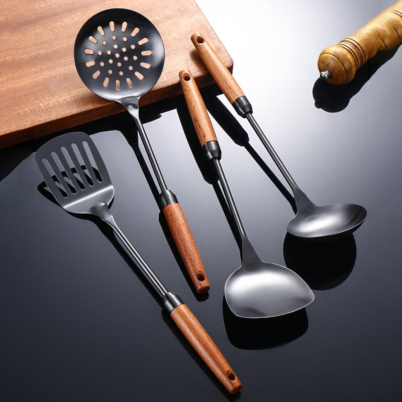 Stainless Steel Kitchen Utensils, Wooden Handle Sabli Spatula, Black Soup Spoon, Golden Kitchen Tools, Leaking Spatula