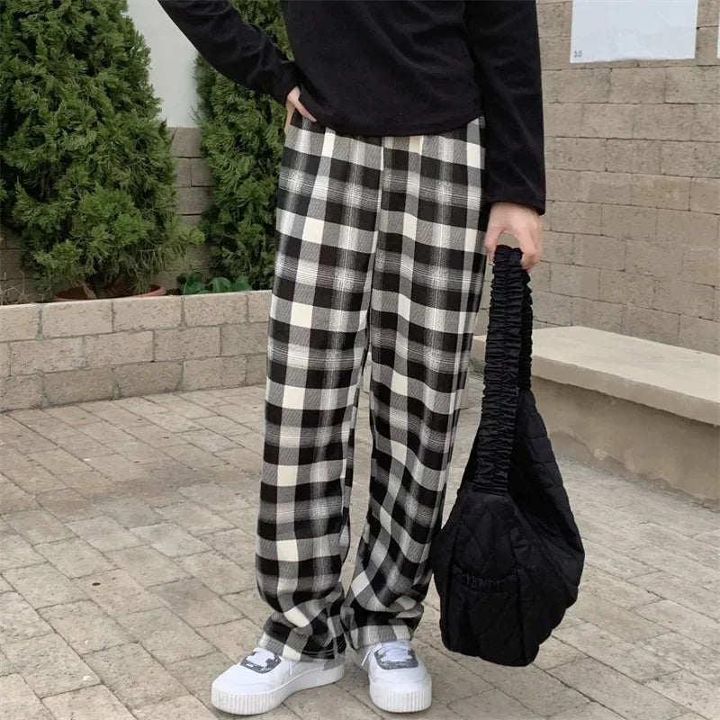 Fashion Warm Plush Pants Cashmere Thick Plaid Ladies Winter Casual Loose Widelegged Pants For Stree 2