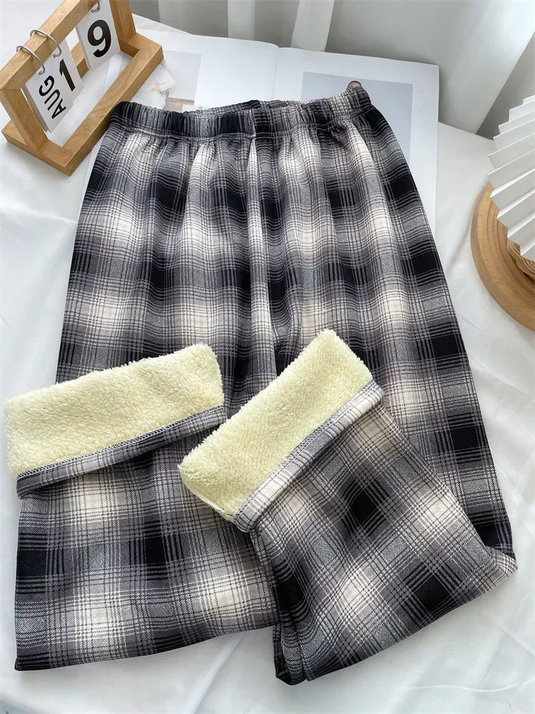 Fashion Warm Plush Pants Cashmere Thick Plaid Ladies Winter Casual Loose Widelegged Pants For Stree 8