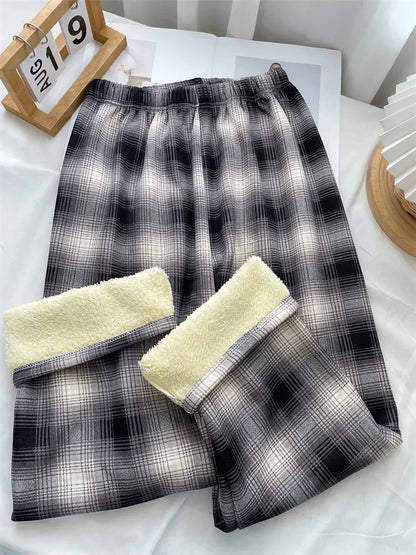 Fashion Warm Plush Pants Cashmere Thick Plaid Ladies Winter Casual Loose Widelegged Pants For Stree 8