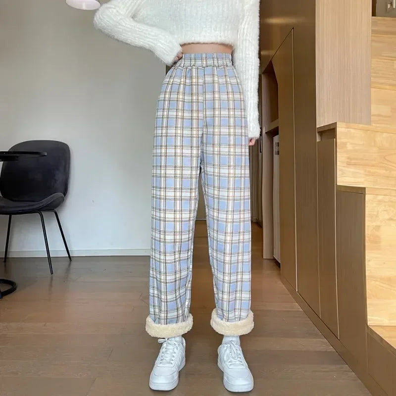 Fashion Warm Plush Pants Cashmere Thick Plaid Ladies Winter Casual Loose Widelegged Pants For Stree 11