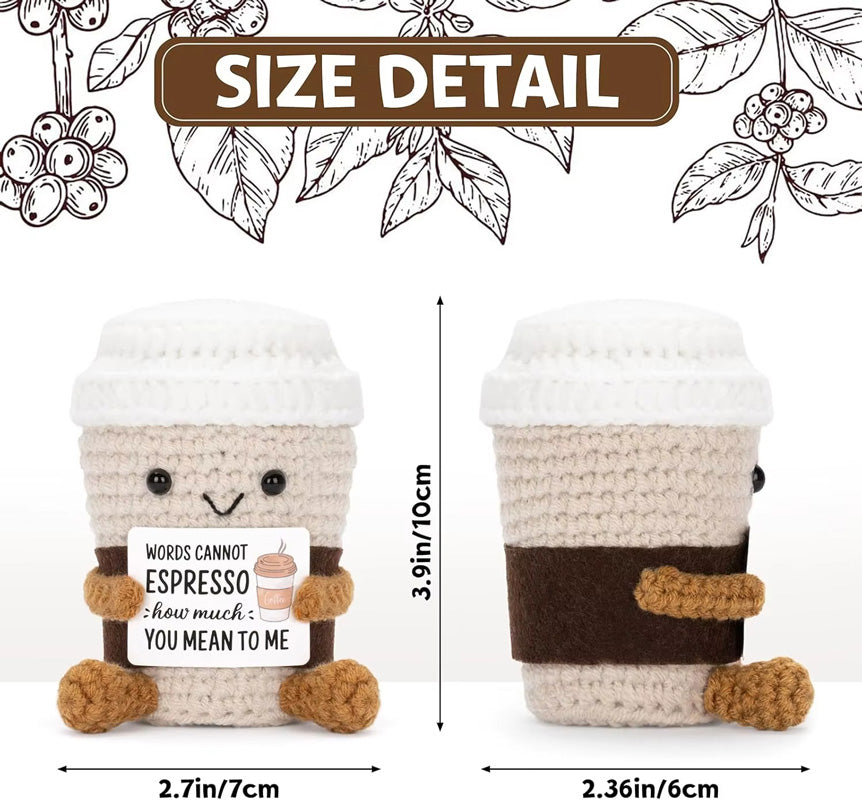 Handmade Crochet Ornaments with Positive Card, Funny Coffee Emotional Support, Cheer Up Gift for Best Friend
