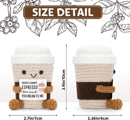 Handmade Crochet Ornaments with Positive Card, Funny Coffee Emotional Support, Cheer Up Gift for Best Friend