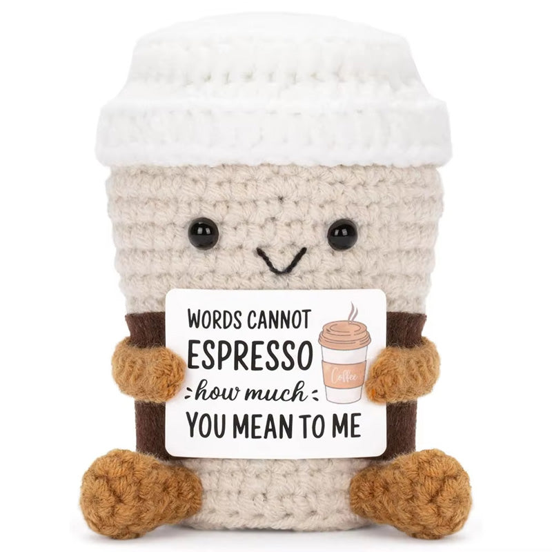 Handmade Crochet Ornaments with Positive Card, Funny Coffee Emotional Support, Cheer Up Gift for Best Friend