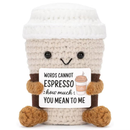 Handmade Crochet Ornaments with Positive Card, Funny Coffee Emotional Support, Cheer Up Gift for Best Friend