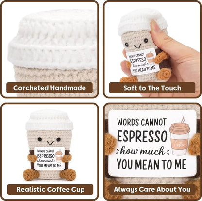Handmade Crochet Ornaments with Positive Card, Funny Coffee Emotional Support, Cheer Up Gift for Best Friend