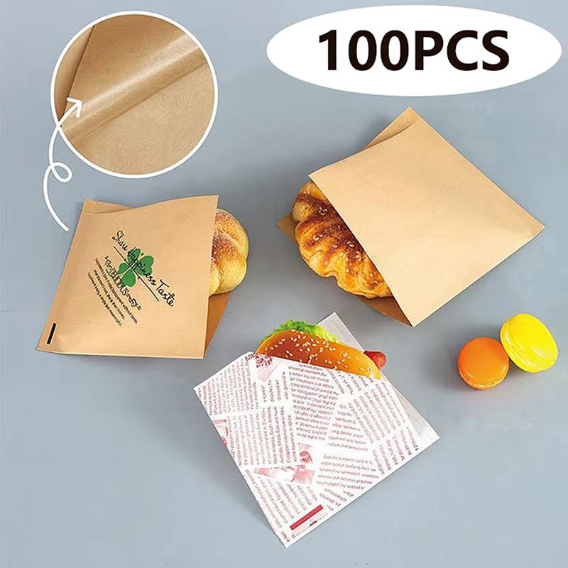 100Pcs Kraft Paper Sandwich Wrap - Disposable Oil-Proof Triangle Food Packing BagS