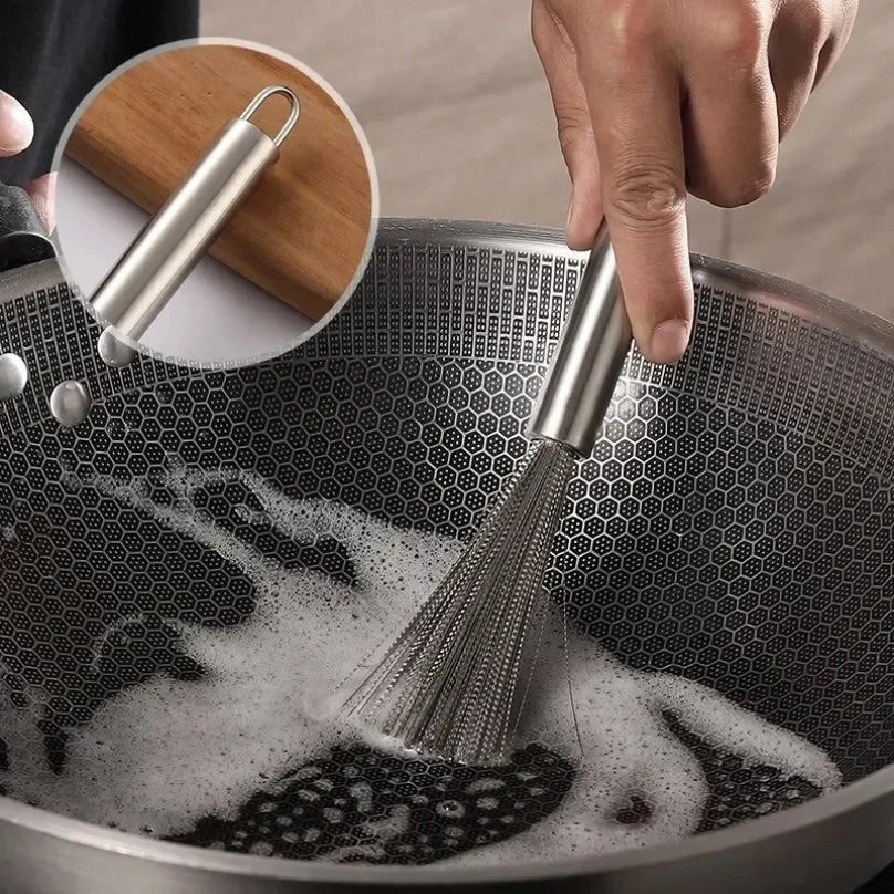 Stainless Steel Kitchen Special Brush, Long Handle Scrubber for Cleaning Pots and Utensils