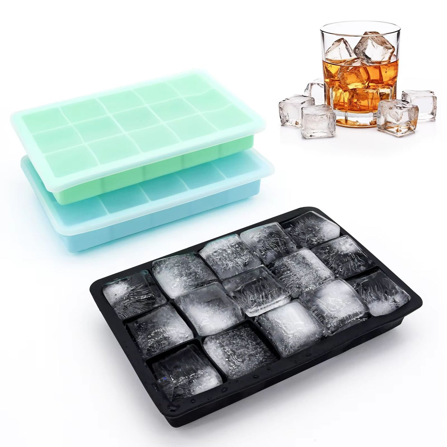 15-Grid Silicone Ice Cube Mold with Lid - Reusable Ice Block Tray for Drinks & DIY Ice