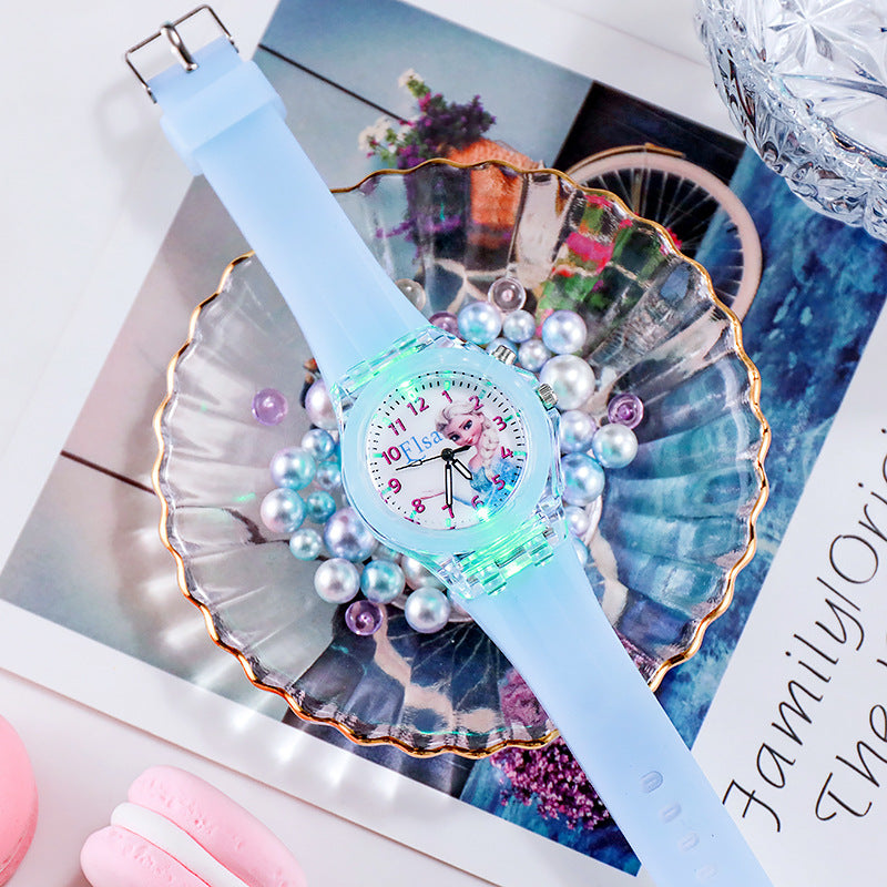 Silicone Strap Disney Kids Watches for Girls, Princess Elsa Frozen Sophia Flash Light, Children Women Clock