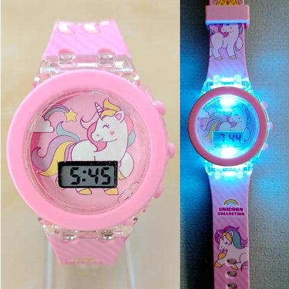 Collection Digital Electronic Flash Glow Up, Cartoon Unicorn Children Watches for Kids, Light Colourful Mickey Mouse