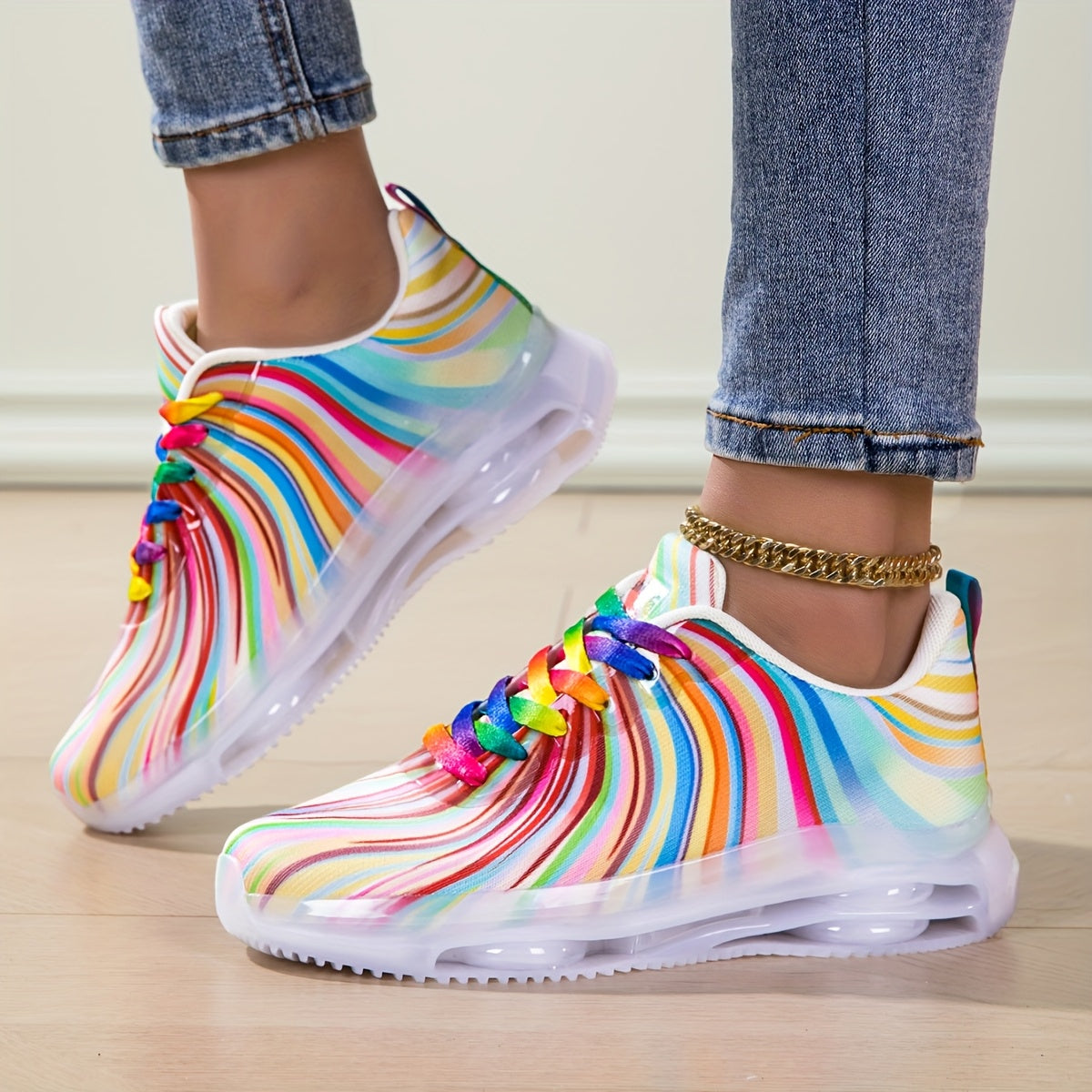 Summer Mesh Fashion Women's Rainbow Stripe Running Shoes Lace-up Casual Sports Shoes for Ladies Beach and Leisure