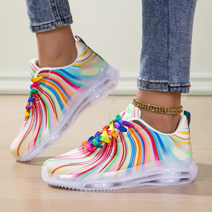 Summer Mesh Fashion Women's Rainbow Stripe Running Shoes Lace-up Casual Sports Shoes for Ladies Beach and Leisure